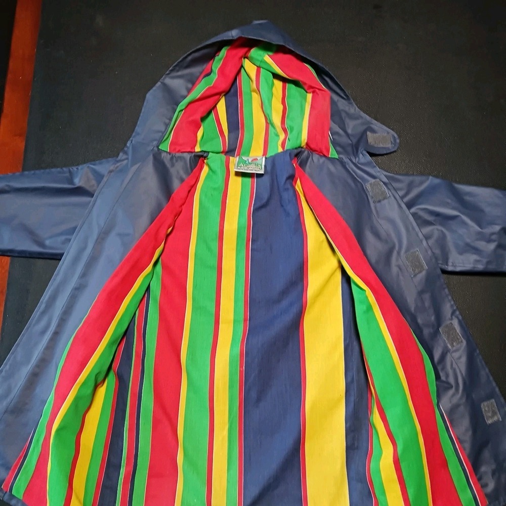 VTG Acadia Kids Hooded Rain Coat Jacket Sz 6X/7 Blue PVC Colorfully Lined parka